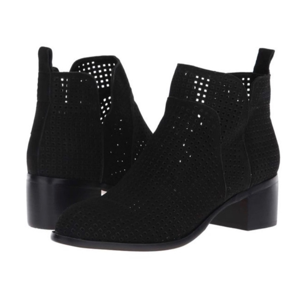 🖤 Franco Sarto Suede Leather Perforated Ankle Booties Block Heel (6.5M)